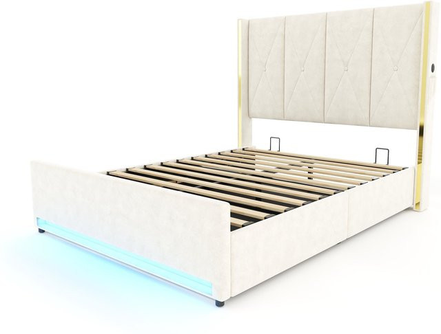 GOMYWAY Home Veloursbett mit gepolstertem Kopfteil, USB-Ladeport, Nachttischregal und Unterbettbeleuchtung, Beige, H x B x T: 141 x 170 x 213 cm, für Matratzen 160 x 200 cm - Bild 1