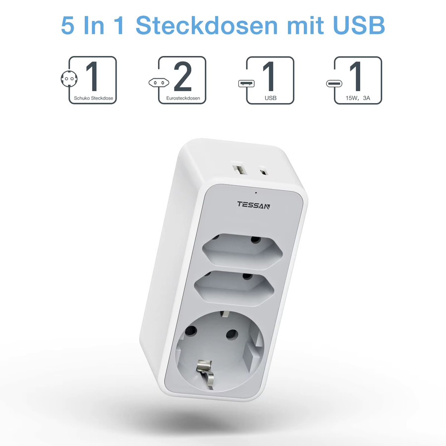 TESSAN 5-in-1 EU-Steckdosenadapter mit 3 Steckdosen, 1 USB und 1 Typ-C-Anschluss in Weiß oder Grau - Bild 2
