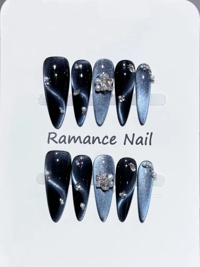 Stylebon Press-On-Nägel Stiletto, schwarz-blauer Katzenaugen-Farbverlauf, 10 Stück, glänzend - Bild 2