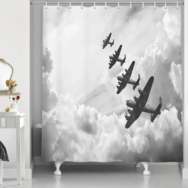 Duschvorhang mit Aviation-Illustration von geparkten Flugzeugen aus Polyester, Mehrfarbig, B: 60 cm, H: 190 cm - Bild 1