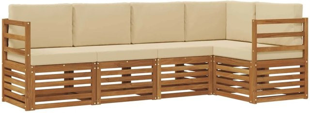vidaXL Sofagarnitur aus Massivholz Akazie in Natur und Beige, 5-teiliges L-Shape Set mit Ecksofa und Sesseln - Bild 1