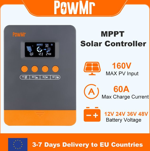 PowMr MPPT 60A Solarladeregler für 12V 24V 36V 48V Systeme, Grau, Max. PV-Eingang 160VDC, passend für LiFePO4 Batterien - Bild 1