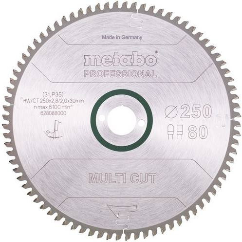 Metabo Multi Cut Professional Kreissägeblatt Universal für Holz, Metall und Kunststoff, Farbe: Silber, Durchmesser: 250 mm, Bohrung: 30 mm, Zähnezahl: 80, Hartmetallbestückt - Bild 1