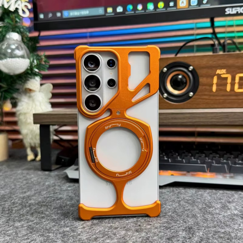Magnetische Metall-Bumper-Hülle für Samsung Galaxy S25 Ultra und S26 Ultra mit Magsafe, 360 Grad drehbarer Ständer und Hohlraum-Kühlung, Stoßfeste Hartschale, Farbe: Silber - Bild 3