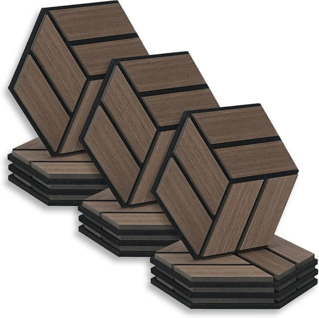 Homestyle4u Akustikpaneele Hexagon Wandpaneele aus Holz und Filz, Braun, 12 Stück, B: 30 cm, H: 26 cm - Bild 1