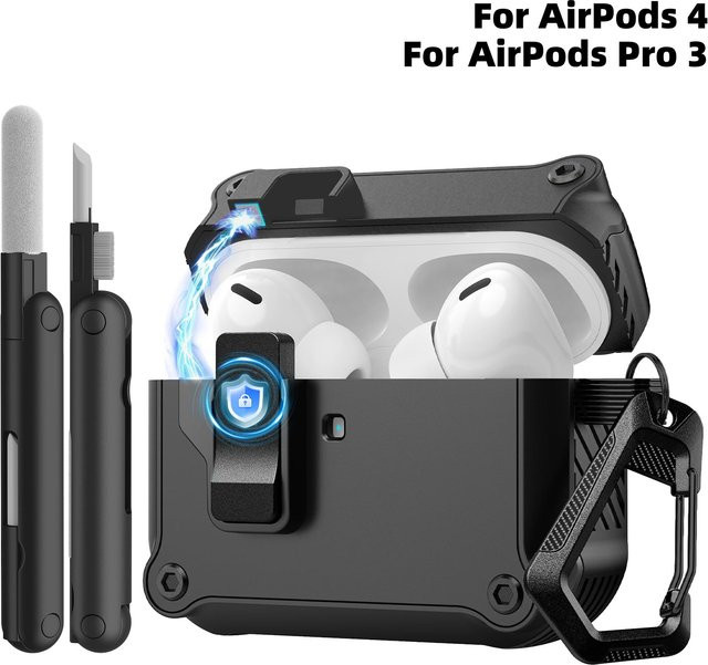 Schutzhülle für AirPods 4 und Pro 3 mit Secure Lock Clip und Pop-up-Schutz sowie Reinigungsset in Schwarz oder Weiß - Bild 1
