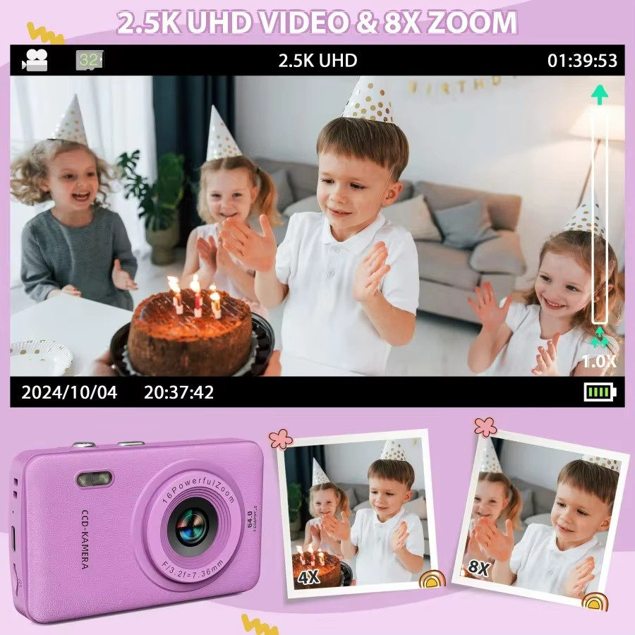 W&O Tragbare Digitalkamera mit 48MP Autofokus, 1080P Full HD, 2,4-Zoll Display, 16-fach Zoom und 32GB Speicherkarte, Kompakte Vlogging-Reisekamera mit USB-C, Schwarz oder Lila - Bild 5