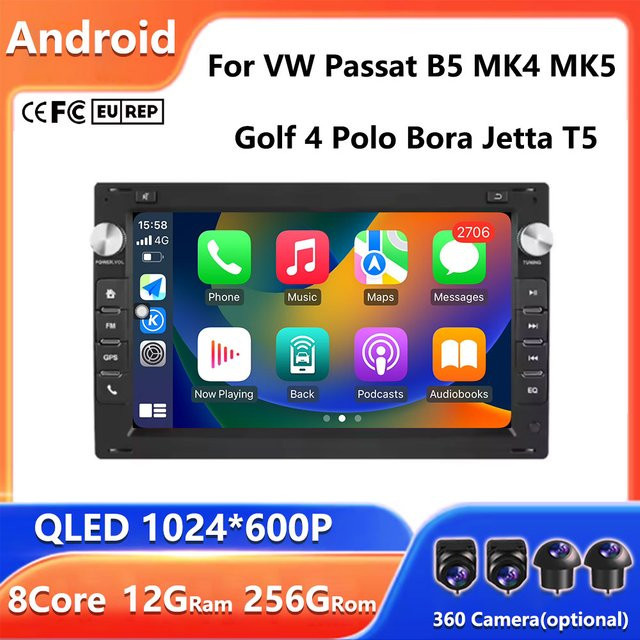 CUCU-NAVI Android 15 Carplay Autoradio mit 7 Zoll Display und 8 Kernen für VW Passat B5 MK4 MK5 Golf 4 Polo Bora Jetta T5 in Schwarz mit GPS Navigation - Bild 1