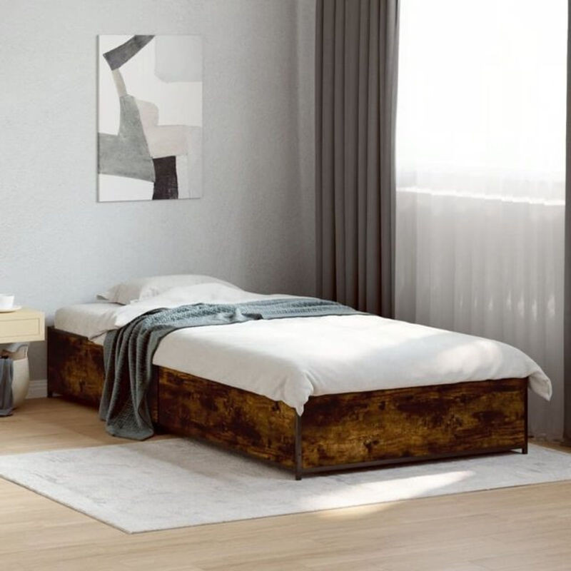 Vidaxl Einzelbett Bettgestell aus Holz und Metall in Räuchereiche Braun B/T/H: 100 x 200 cm - Bild 1