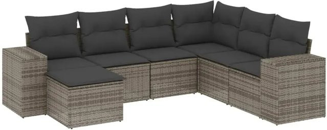 vidaXL 7-teilige Garten-Sofagarnitur in L-Form mit Kissen, Grau, Poly Rattan und Metallgestell - Bild 1