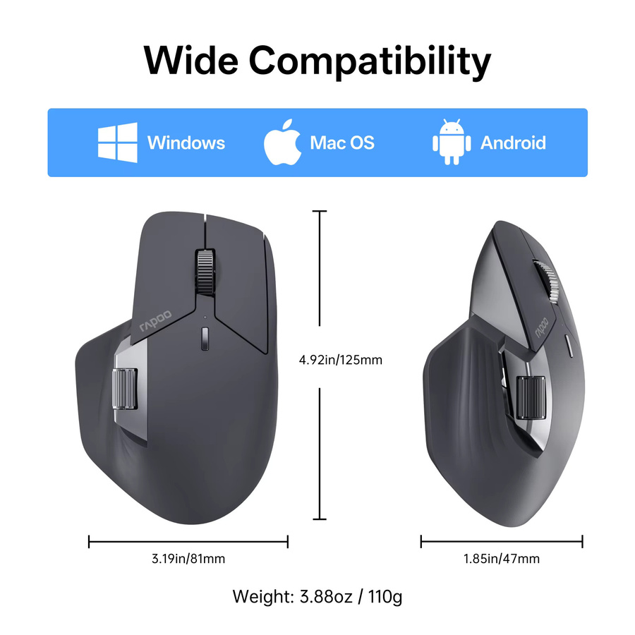 Rapoo MT760PRO Kabellose Maus in Schwarz mit NearLink und Bluetooth 5.0, 12000 DPI, 2K Polling Rate, Ergonomisches Design für Arbeit und Gaming mit leisen Klicks - Bild 4