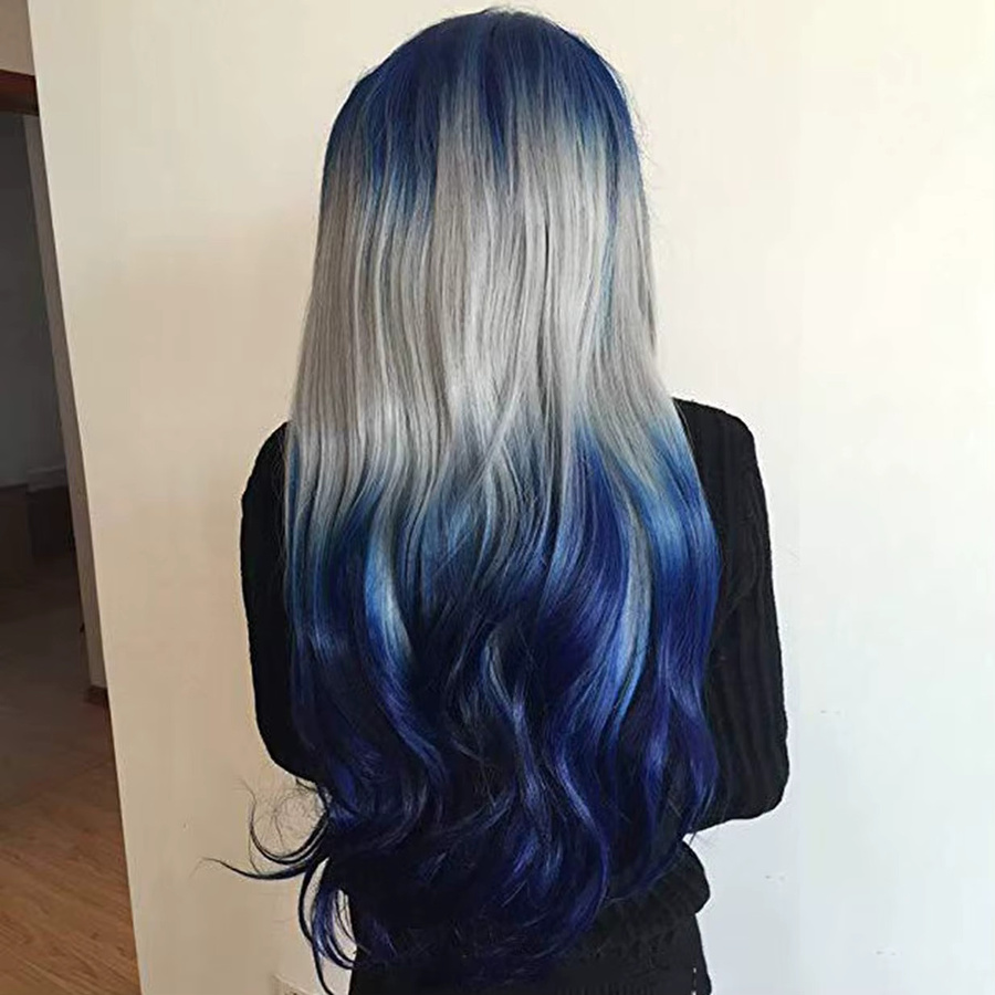 soowee Perücke, synthetisch, lang, blau Ombre-Grau, gewellt, Damen - Bild 4