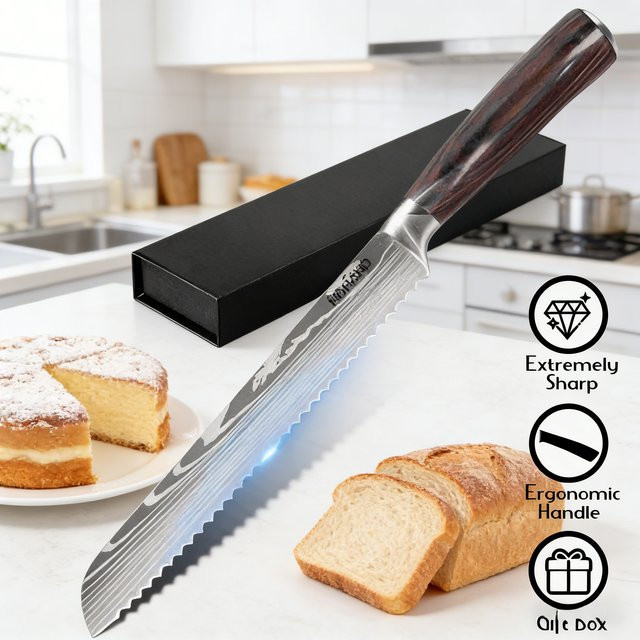 ZENG Brotmesser aus Edelstahl mit 25,4 cm Klingenlänge, gezahntes Messer mit Lasermuster und braunem Holzgriff - Bild 1