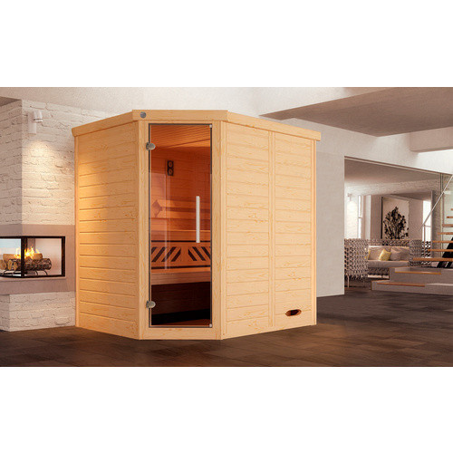 WEKA Massivholzelementsauna Kemi Eck in Braun mit 4,5 kW Ofen und externer Steuerung für 4 Personen - Bild 2