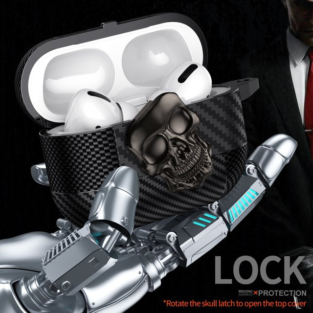 Schutzhülle mit Totenkopf-Carbonfaser-Muster für Apple AirPods Pro, AirPods 4, 3, 2, 1 in Schwarz mit Haken - Bild 1