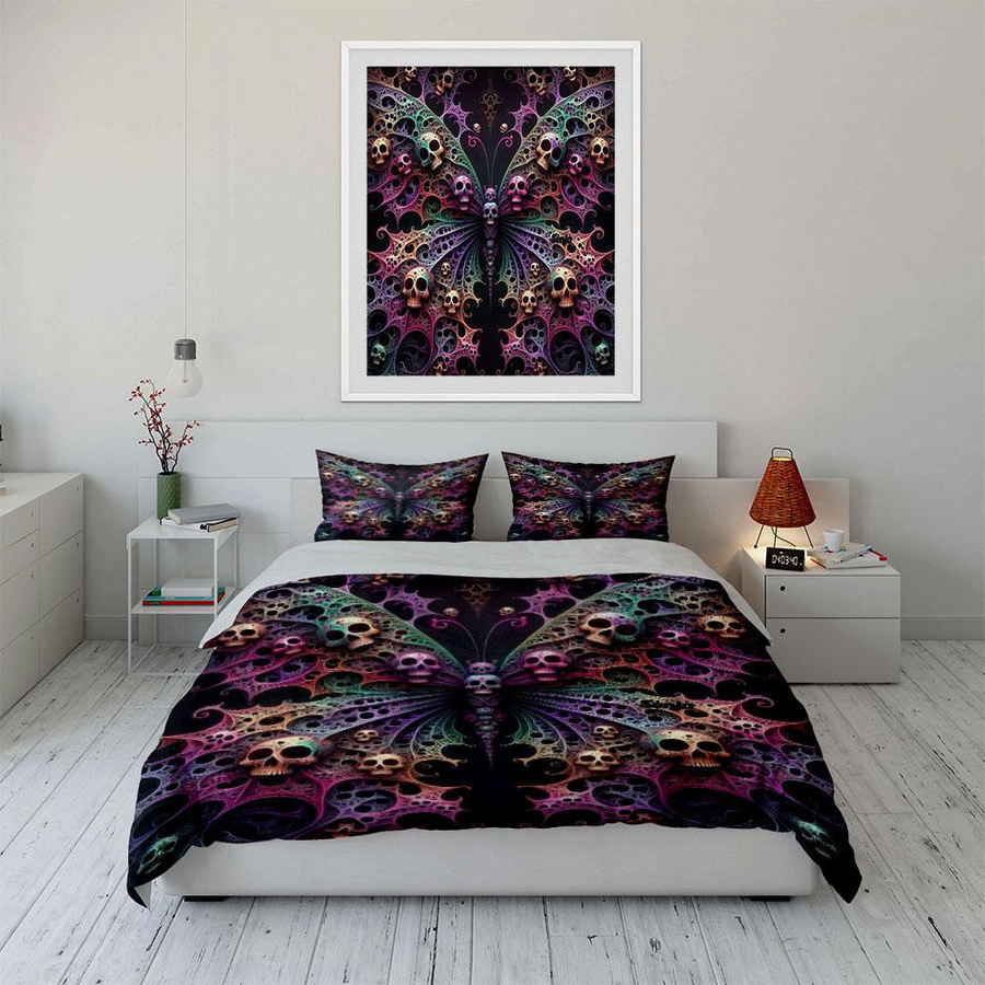 Bettwäsche Set Flylo mit Totenkopf und Schmetterling Design, inklusive Bettbezug und 2 Kissenbezügen, B/B/H: 135 x 200 cm - Bild 3