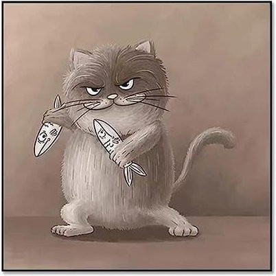 Lustiges Leinwandgemälde mit süßer Katze und Fisch-Motiven, moderne Wandkunst Illustration in Grau, rahmenlos, Breite: 60 cm, Höhe: 60 cm - Bild 1