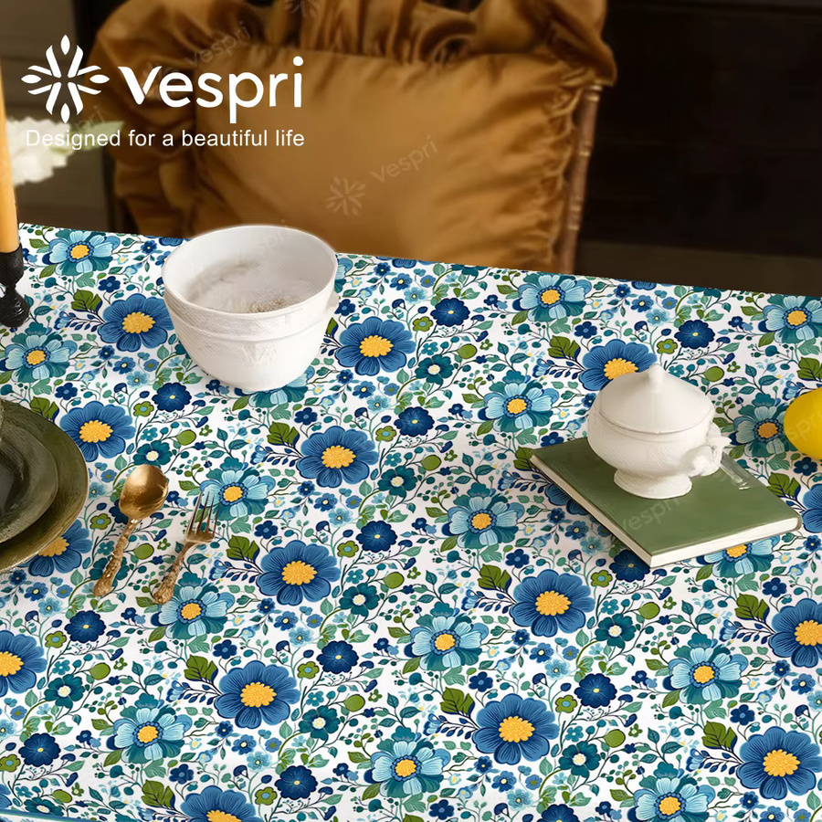 Vespri Frühlingstischdecke mit Blumenmuster und Vögeln in Blau und Weiß aus Polyester für Ostern und Partys - Bild 3