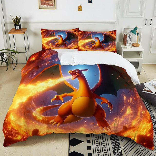 Binchi Fitness Pokémon Glurak Bettwäsche-Set aus Mikrofaser, 3-teilig, Farbe Orange, B/H: 240 x 220 cm - Bild 1
