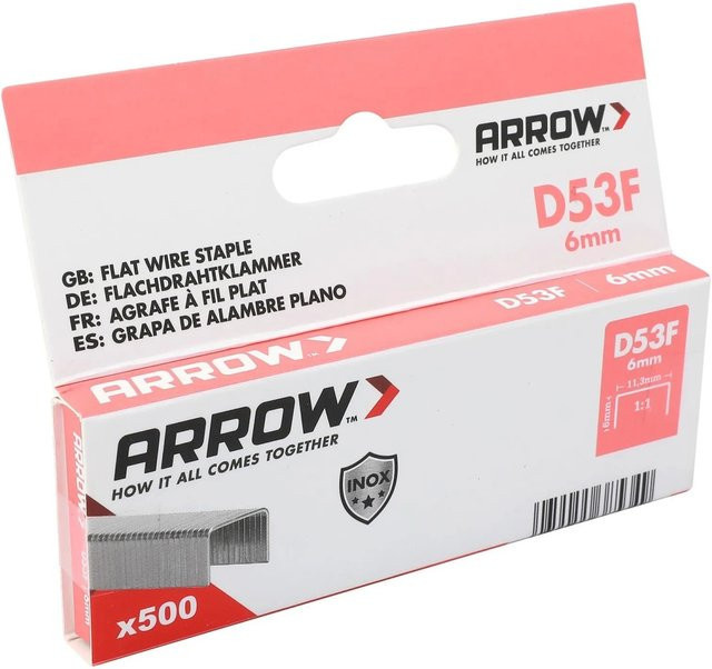 Arrow Klammer D53F aus Edelstahl in Silber, Länge: 6 mm, 500 Stück - Bild 1