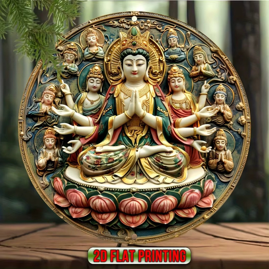 CIFBUY Buddhistische Metallwandkunst Mandala im Vintage-Stil, rundes Tibetisches Dekor in Grün, Gold und Rot für Meditation und Heimtempel - Bild 3