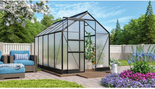 Vitavia Gewächshaus Apollo 6200 Schwarz mit Fundament und Regenrinnen aus Aluminium und Polycarbonat mit Satteldach, 6,2 m² - Bild 1