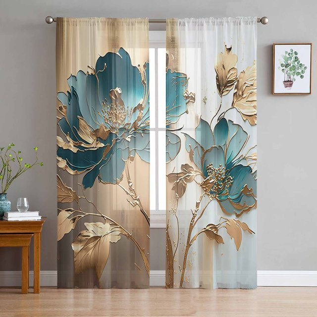 Luxuriöse Chiffon-Fenstervorhänge von Super Six mit Ölgemälde-Blumenmotiv und Blattgold-Optik in Grau, Breite: 135 cm, Höhe: 114 cm - Bild 1