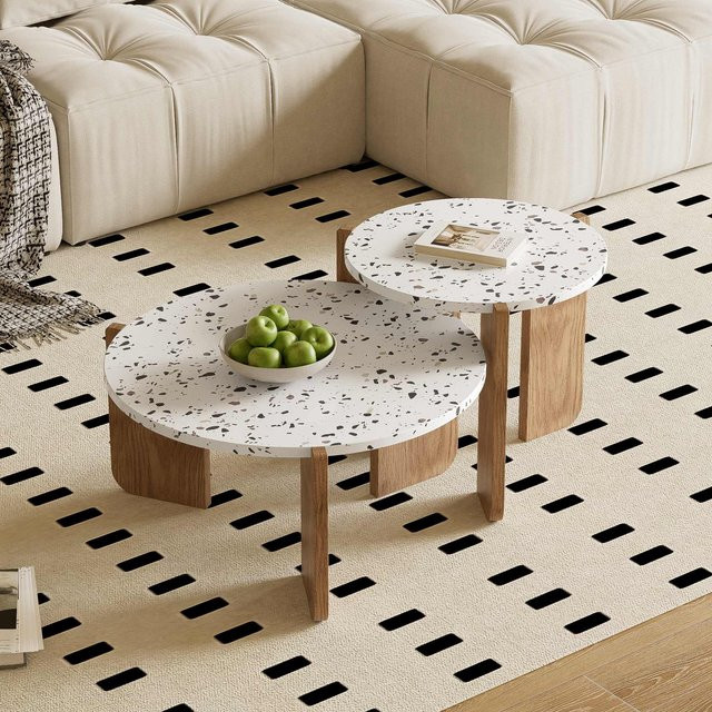 Modernes Couchtisch-Set aus 2 ineinander verschachtelten runden Tischen in Weiß und Holzoptik von GL Store - Bild 1
