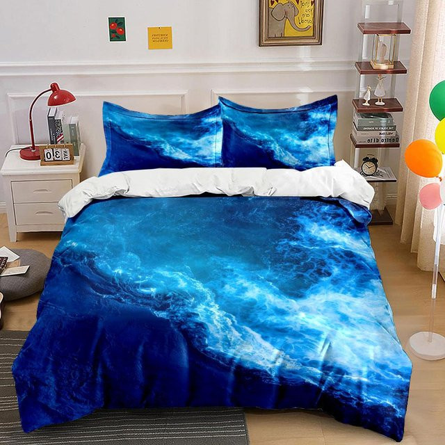Flylo Bettwäsche-Set mit Meereswellen-Motiv in Blau, bestehend aus 1 Bettbezug und 2 Kissenbezügen, Material Mikrofaser/Polyester, B/H: 173 x 218 cm - Bild 1