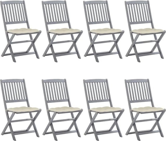 vidaXL Set aus 8 klappbaren Gartenstühlen aus Akazienholz mit Kissen in Grau und Weiß - Bild 1