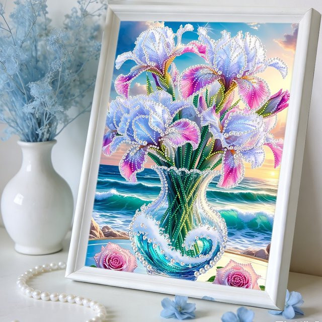 HUACAN Diamant-Kunst DIY Set Iris-Blume und Meeres-Strand-Szenerie in Mehrfarbig mit Leinwand - Bild 1