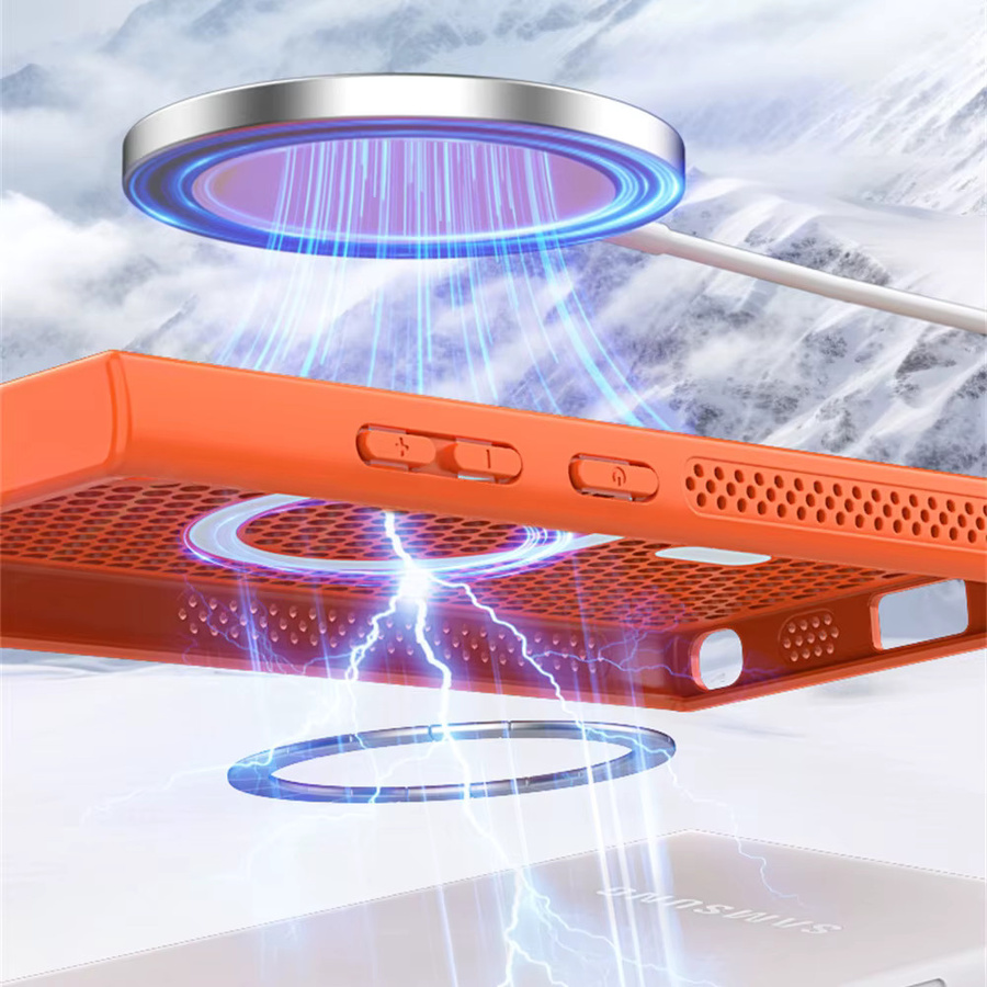 MagSafe Magnetische Wärmeableitungs-Handyhülle für Samsung S26 S25 S24 Ultra S23 FE S22 Plus Stoßfeste Schutzhülle in Weiß und Orange - Bild 4