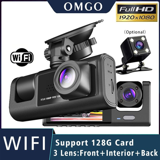 OMGO 3-Kanal Dashcam mit WiFi und Full HD 1080P, Fahrzeug-Videorecorder inklusive Innenkamera, Schwarz - Bild 1