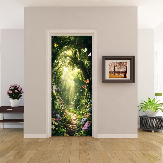 Selbstklebender Türaufkleber mit Waldmotiv, Schmetterlinge und Sonnenschein in Mehrfarbig - Bild 1