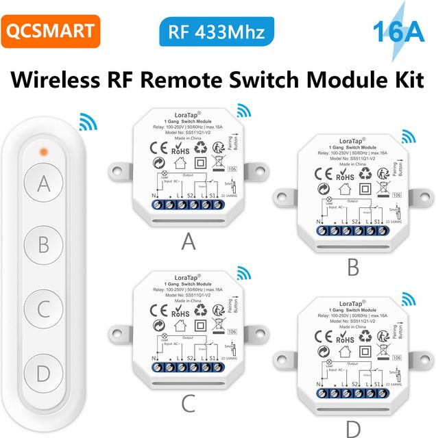 Qcsmart Wireless RF 433MHz Lichtschalter Relaismodul mit 4-Tasten-Fernbedienung 110-220V 16A - Bild 1