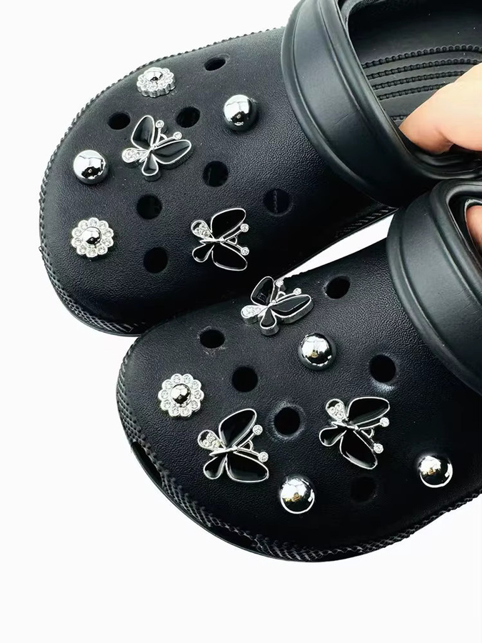 FHLDING Schuh-Charm-Set, 13-teilig, schwarzer Schmetterling, Diamant, Blume, silberne Perlen, Unisex - Bild 7