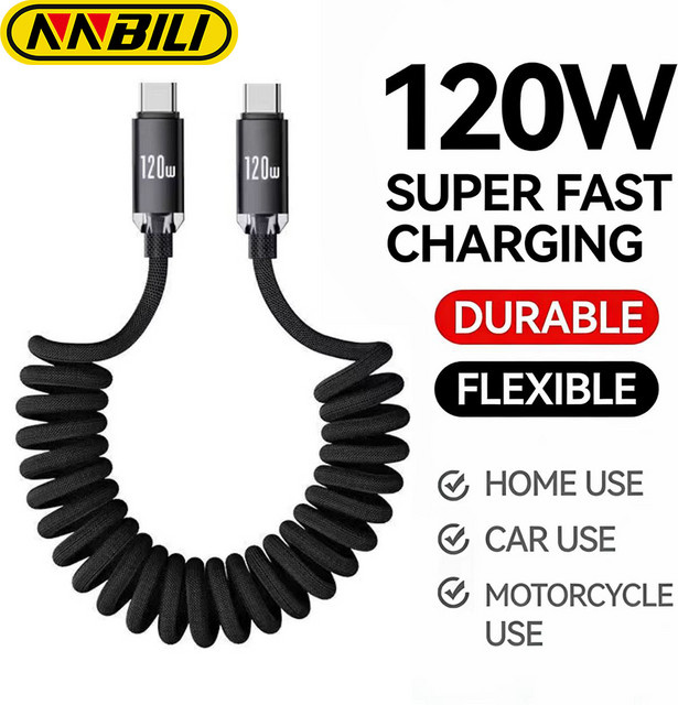 NNBILI Auto-Spiralkabel USB-A auf USB-C mit 120W Schnellladung für iPhone, Samsung und Xiaomi in Schwarz und Rot - Bild 1