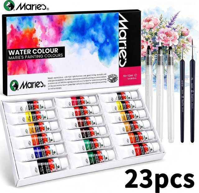 Marie's Art Aquarellfarben-Set mit 23 Farben und 5 Pinseln, Mehrfarbig, 12 ml pro Farbe - Bild 1