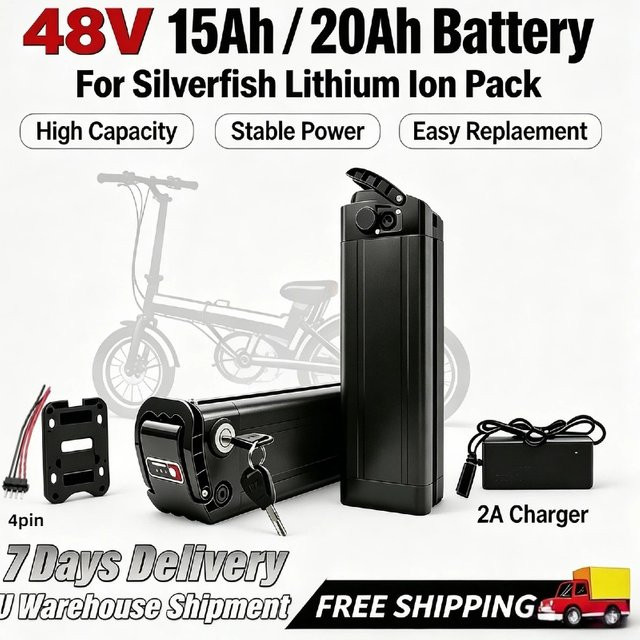 Aleaivy Silverfish Lithium-Ionen-Akku 48V 15Ah mit Ladegerät, schwarzer Ersatzakku mit 21700 Zellen für 500W 750W 1000W Motoren - Bild 1