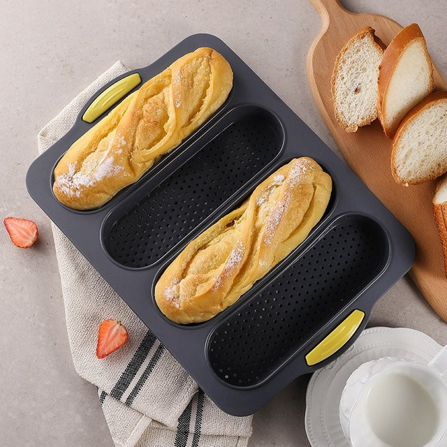 Venlohome Silikon-Backform mit 4 Mulden in Grau, antihaftbeschichtete Brotform für Baguette und Laibe - Bild 1