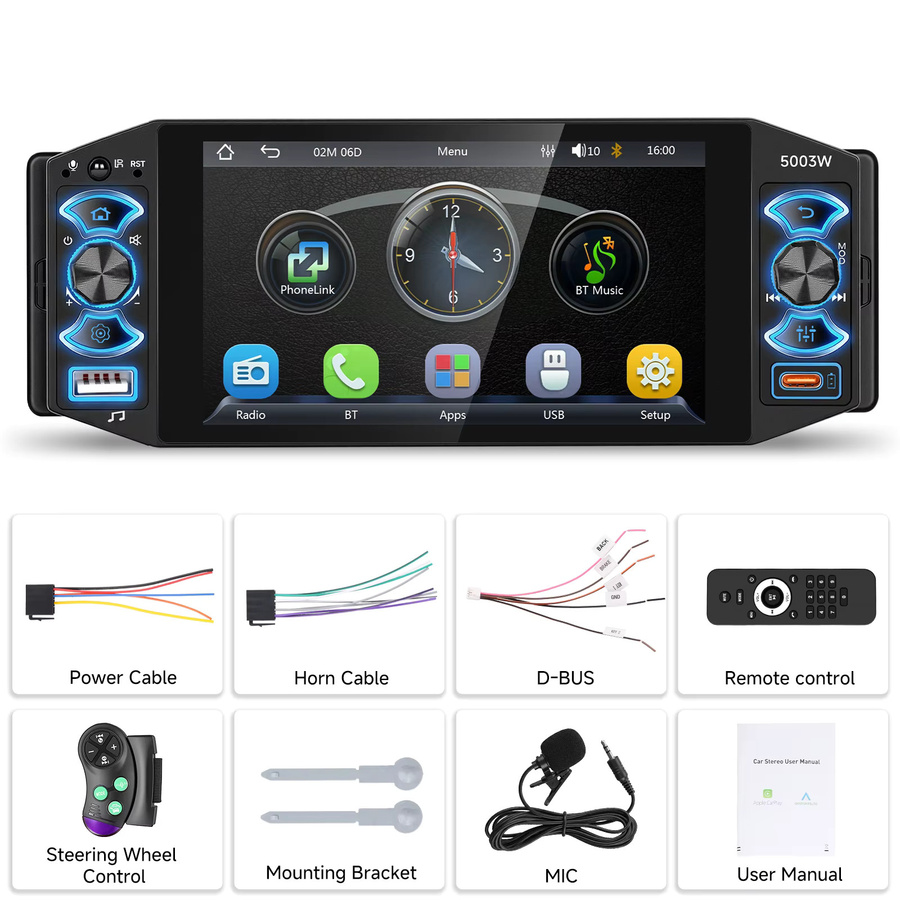 Podofo Kabelloses CarPlay Autoradio mit 5-Zoll-IPS-Bildschirm, Bluetooth, USB und Android Auto in Schwarz - Bild 4