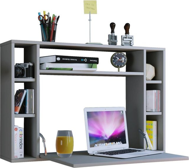 Wandschreibtisch Wandila VCM Möbel grau mit ausklappbarer Tischplatte und 7 Fächern, B: 90 cm, T: 20/67 cm, H: 60 cm - Bild 1
