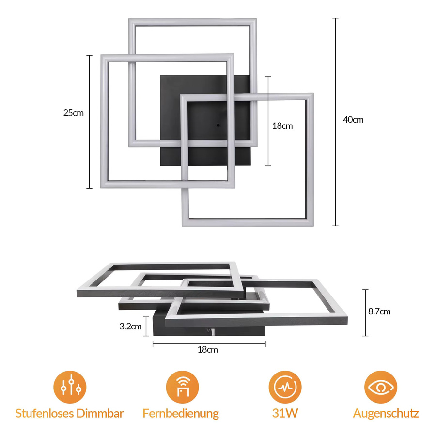 Moderne LED Deckenlampe von Nettlife in Weiß, dimmbar mit Fernbedienung, eckiges Design für Wohnzimmer, Schlafzimmer, Küche oder Büro, 31W, B/T/H: 40,0 x 40,0 x 8,7 cm - Bild 2