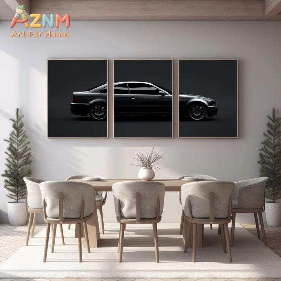 AZNM BMW E46 M3 Triptych Wandkunstdruck als ungerahmtes Leinwandposter mit minimalistischer dunkler Silhouette in Schwarz - Bild 2