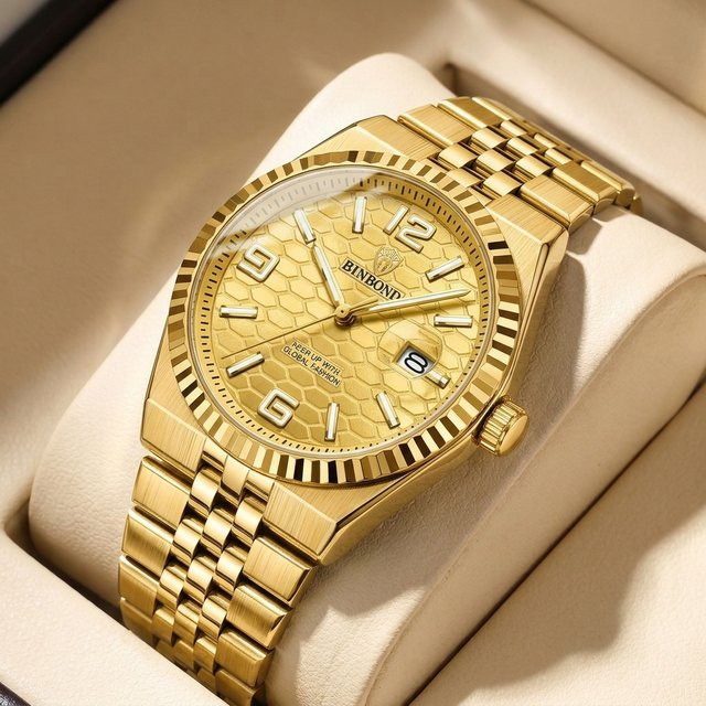 BINBOND Armbanduhr Edelstahl, Gold, Quarz, Analoguhr, Herren - Bild 1
