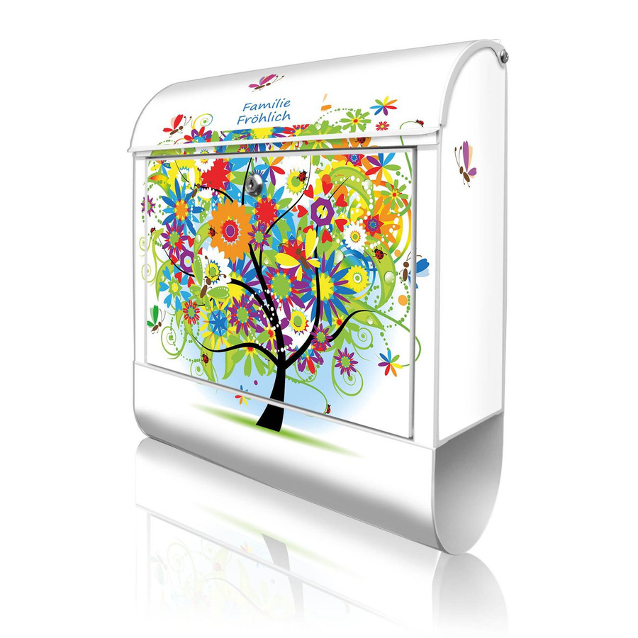 banjado Briefkasten Weiß mit Hausnummer und Motiv Märchenzauberbaum sowie Zeitungsfach, B/T/H: 38 x 13 x 47 cm - Bild 1