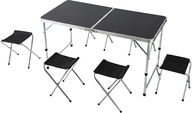Relaxdays Campingtisch-Set mit 4 Hockern in Schwarz, klappbar und höhenverstellbar, B/T/H: 120 x 60 x 71 cm - Bild 1