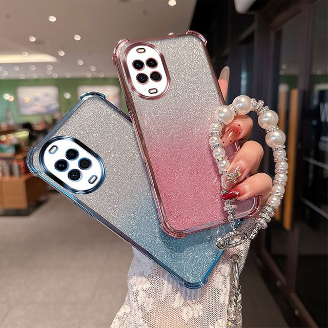 Huawei Nova 14 Nova14 Pro Ultra 5G Handyhülle aus stoßfestem TPU mit Gradient Glitter Design und luxuriösem Perlenketten-Handgelenkband in Pink - Bild 1