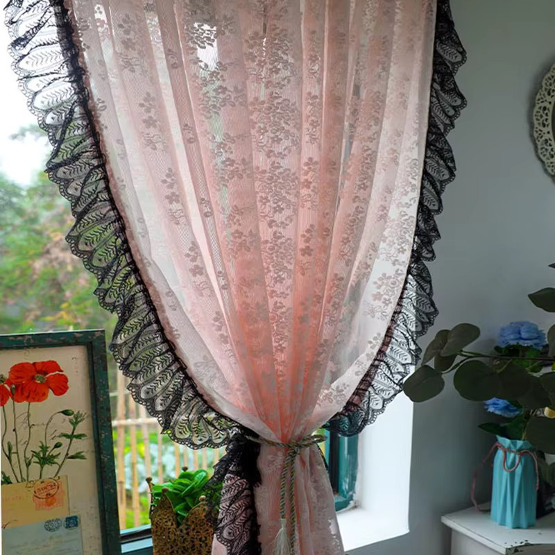AiFish Jacquard-Vorhang mit floralem Spitzenmuster in Schwarz und Rosa, transparent, Shabby Chic Design - Bild 4