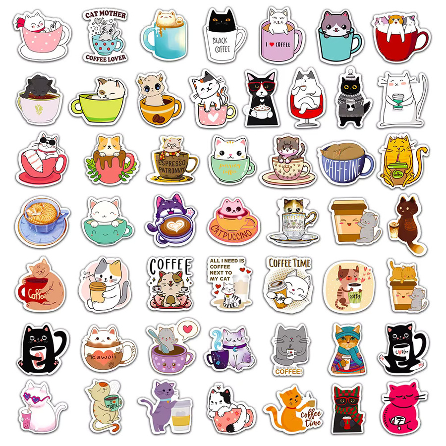 50 Stück wasserfeste Aufkleber Set mit Katzen und Kaffee Motiven von BulingBulingStickers Shop in Multicolor - Bild 2